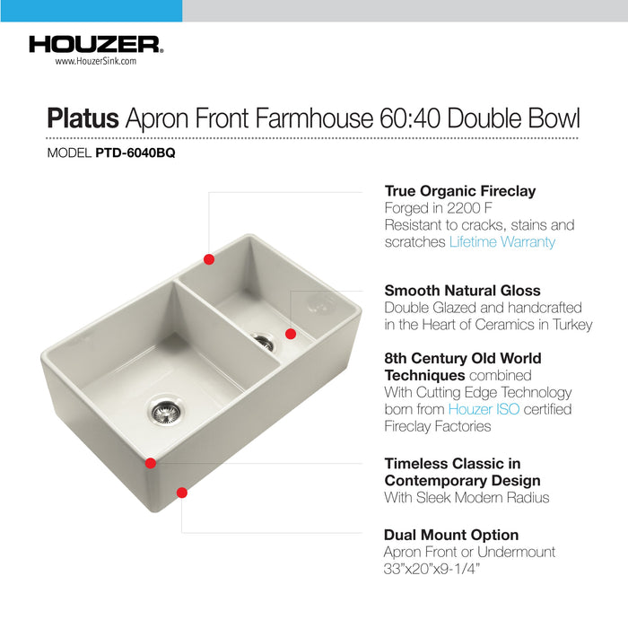Houzer PTD-6040 BQ Platus 33" Biscuit Fireclay Apron Front Farmhouse 60/40 Double Bowl Kitchen Sink