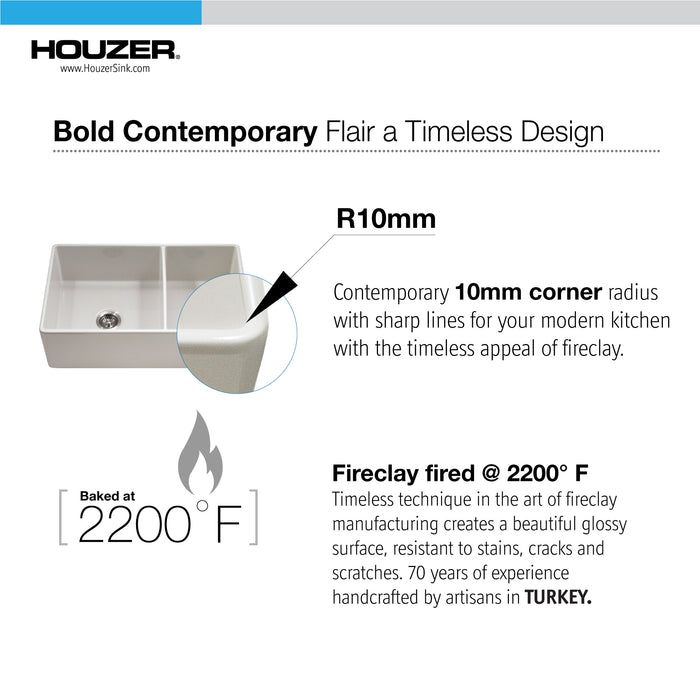 Houzer PTD-6040 BQ Platus 33" Biscuit Fireclay Apron Front Farmhouse 60/40 Double Bowl Kitchen Sink