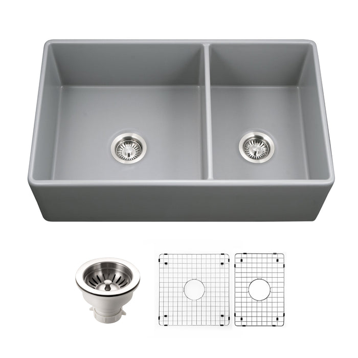 Houzer PTD-6040 GR-C Platus 33" Gray Fireclay Apron Front Farmhouse 60/40 Double Bowl Sink