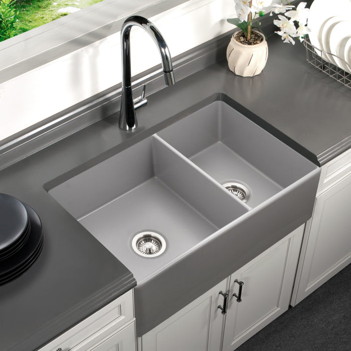 Houzer PTD-6040 GR Platus 33" Gray Fireclay Apron Front Farmhouse 60/40 Double Bowl Sink