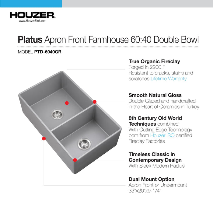 Houzer PTD-6040 GR Platus 33" Gray Fireclay Apron Front Farmhouse 60/40 Double Bowl Sink
