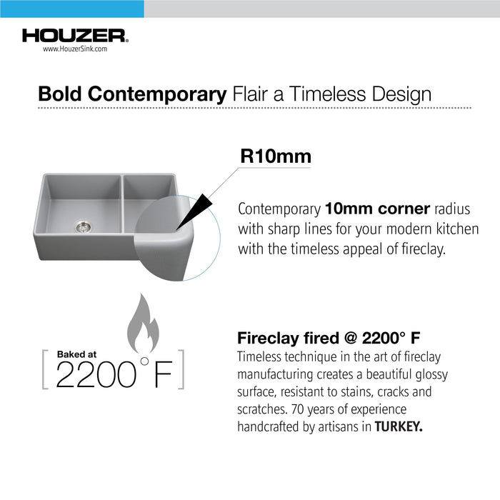 Houzer PTD-6040 GR Platus 33" Gray Fireclay Apron Front Farmhouse 60/40 Double Bowl Sink