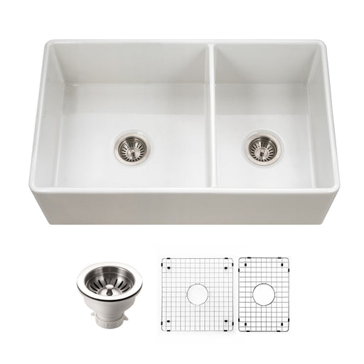 Houzer PTD-6040 WH-C Platus 33" White Fireclay Apron Front Farmhouse 60/40 Double Bowl Kitchen Sink