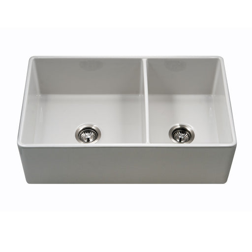 Houzer PTD-6040 WH Platus 33" White Fireclay Apron Front Farmhouse 60/40 Double Bowl Kitchen Sink