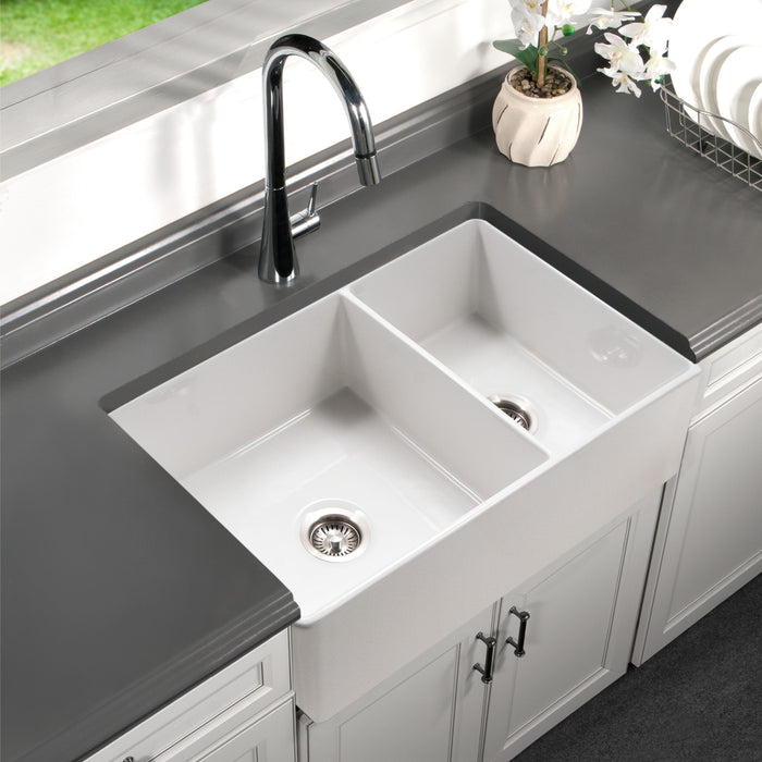 Houzer PTD-6040 WH Platus 33" White Fireclay Apron Front Farmhouse 60/40 Double Bowl Kitchen Sink