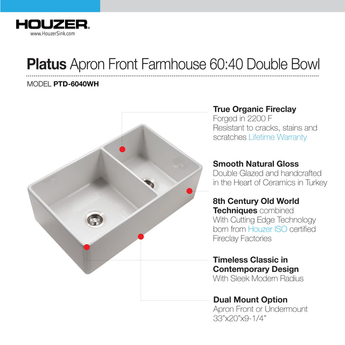 Houzer PTD-6040 WH Platus 33" White Fireclay Apron Front Farmhouse 60/40 Double Bowl Kitchen Sink