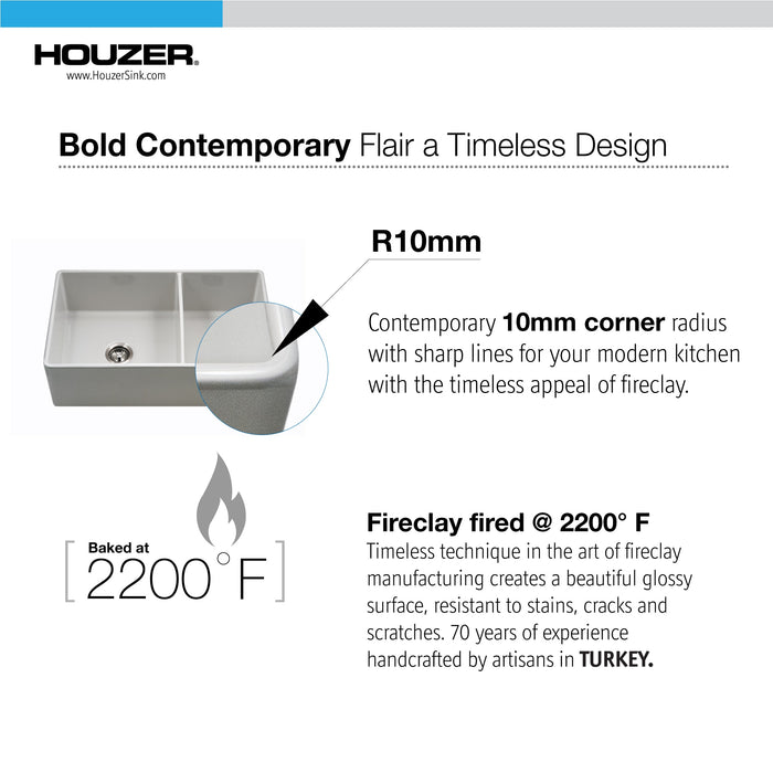Houzer PTD-6040 WH Platus 33" White Fireclay Apron Front Farmhouse 60/40 Double Bowl Kitchen Sink