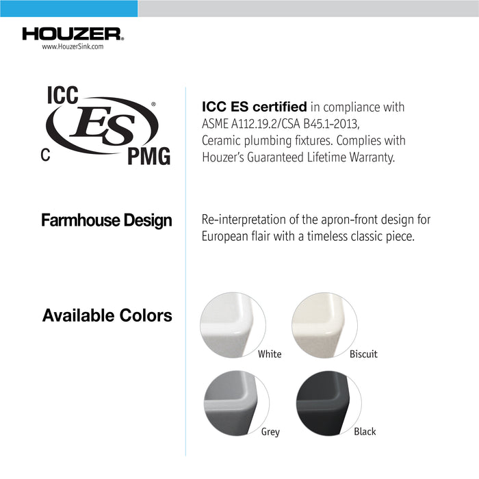 Houzer PTD-6040 WH Platus 33" White Fireclay Apron Front Farmhouse 60/40 Double Bowl Kitchen Sink