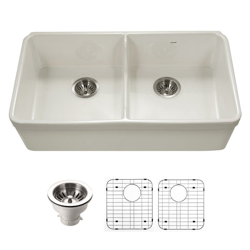 Houzer PTD-6400 BQ-C Platus 32" Biscuit Fireclay Farmhouse 50/50 Double Bowl Kitchen Sink