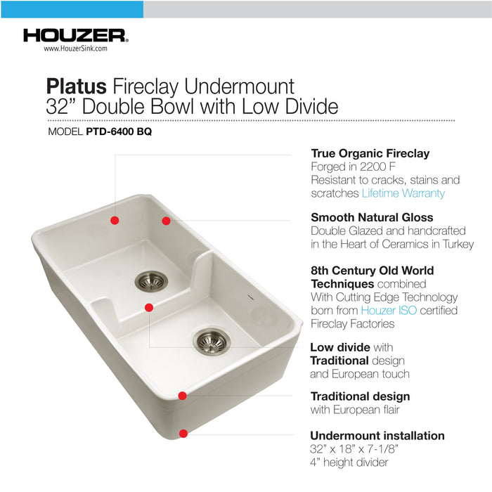 Houzer PTD-6400 BQ Platus 32" Biscuit Fireclay Farmhouse 50/50 Double Bowl Kitchen Sink with Low Divider