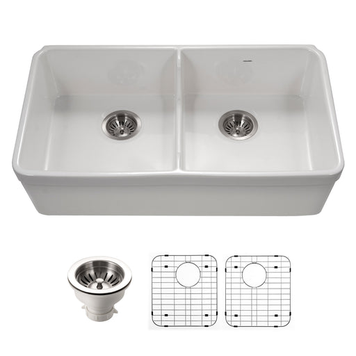 Houzer PTD-6400 WH-C Platus 32" White Fireclay Farmhouse 50/50 Double Bowl Kitchen Sink