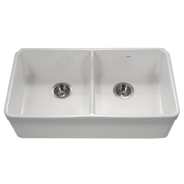 Houzer PTD-6400 WH Platus 32" White Fireclay Farmhouse 50/50 Double Bowl Kitchen Sink