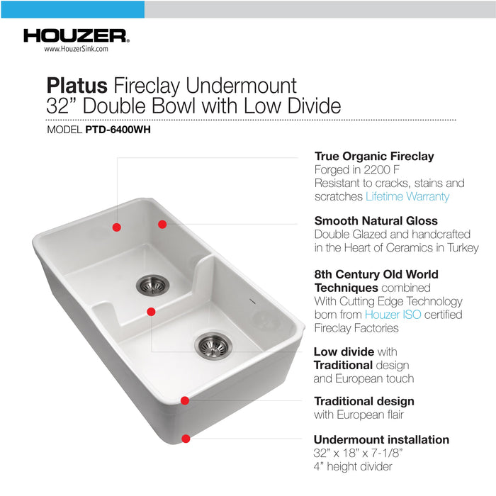 Houzer PTD-6400 WH Platus 32" White Fireclay Farmhouse 50/50 Double Bowl Kitchen Sink with Low Divider