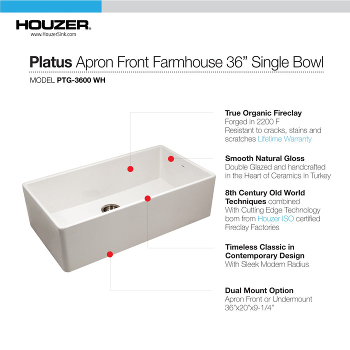 Houzer PTG-3600 BQ Platus 36" Biscuit Fireclay Apron Front Farmhouse Single Bowl Kitchen Sink