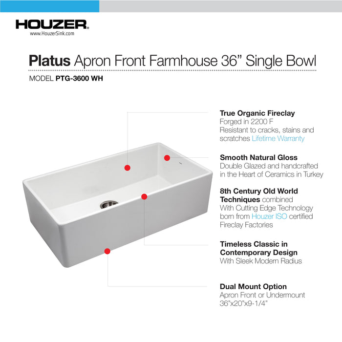 Houzer PTG-3600 WH Platus 36" White Fireclay Apron Front Farmhouse Single Bowl Kitchen Sink