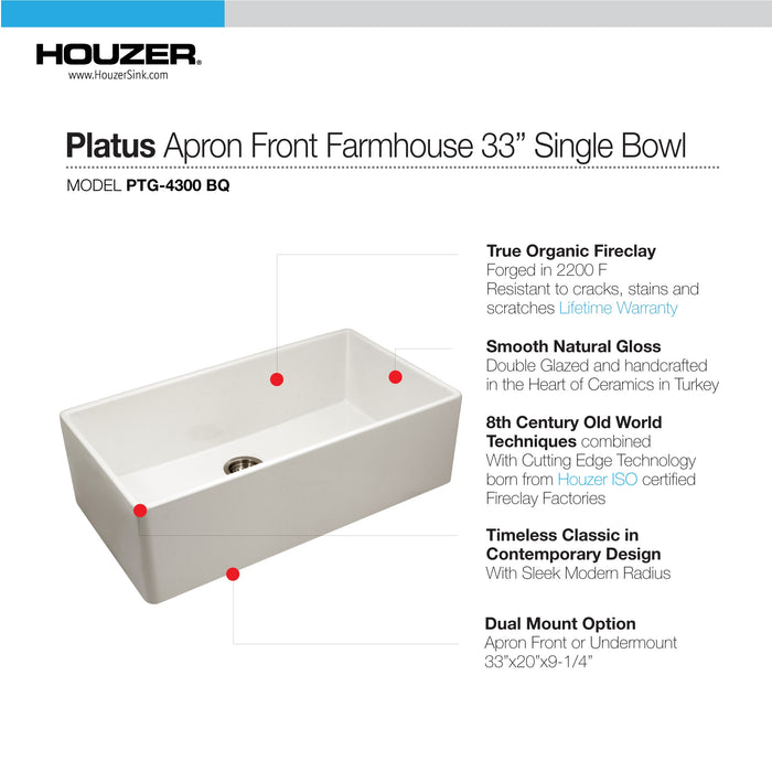 Houzer PTG-4300 BQ Platus 33" Biscuit Fireclay Apron Front Farmhouse Single Bowl Kitchen Sink