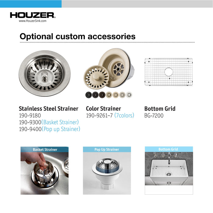 Houzer PTG-4300 WH-C Platus 33" White Fireclay Apron Front Farmhouse Kitchen Sink with Strainer & Grid