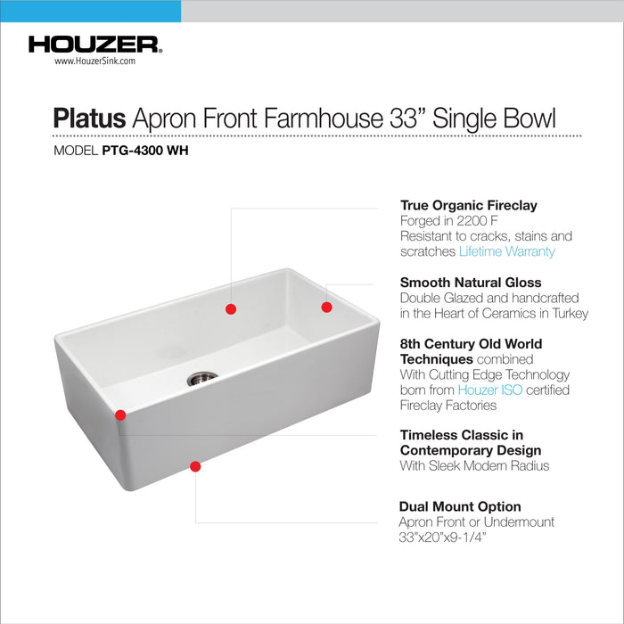 Houzer PTG-4300 WH Platus 33" White Fireclay Apron Front Farmhouse Single Bowl Kitchen Sink