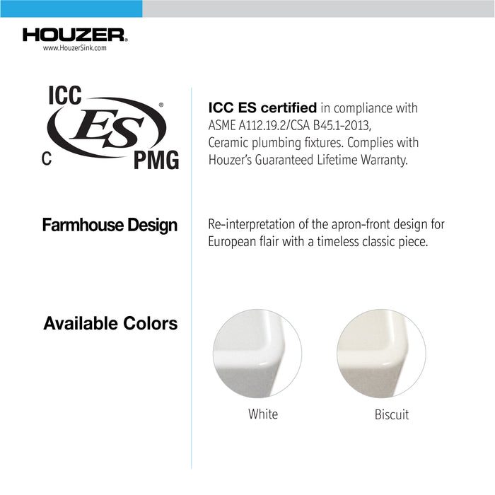 Houzer PTG-4318 WH Platus 33" White Fireclay Apron Front Farmhouse Single Bowl Kitchen Sink