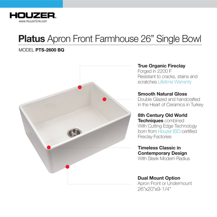 Houzer PTS-2600 BQ Platus 26" Biscuit Fireclay Apron Front Farmhouse Single Bowl Kitchen Sink