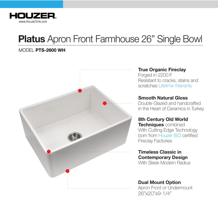 Houzer PTS-2600 WH Platus 26" White Fireclay Apron Front Farmhouse Single Bowl Kitchen Sink