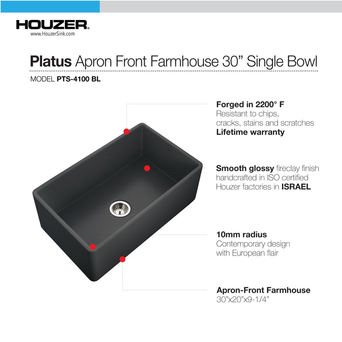 Houzer PTS-4100 BL Platus 30" Black Fireclay Apron Front Farmhouse Single Bowl Kitchen Sink
