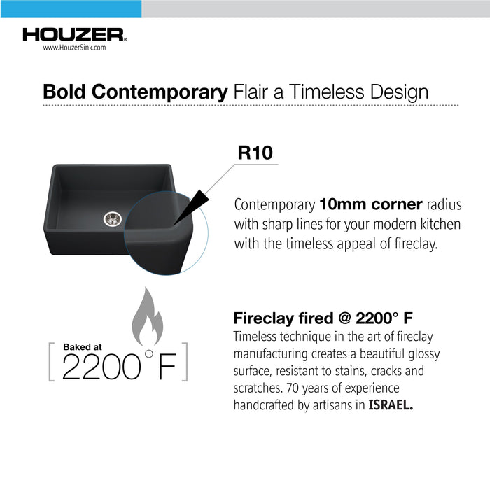 Houzer PTS-4100 BL Platus 30" Black Fireclay Apron Front Farmhouse Single Bowl Kitchen Sink