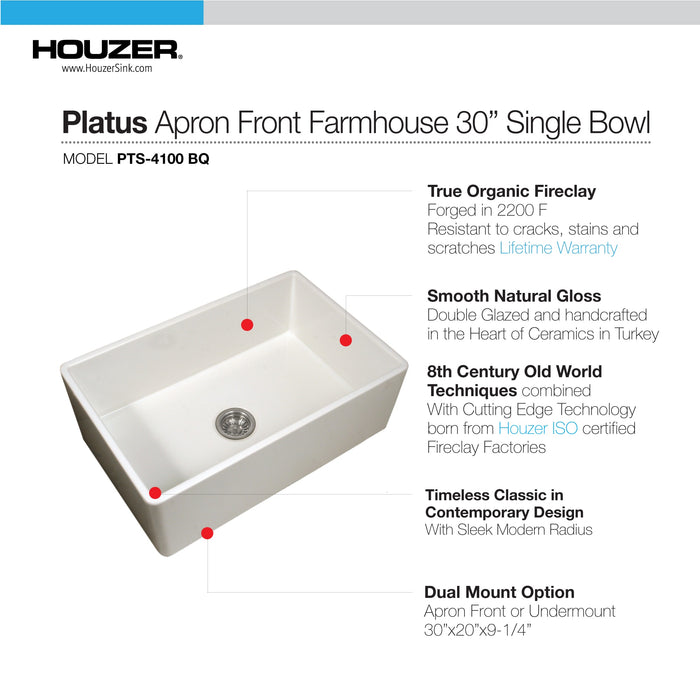 Houzer PTS-4100 BQ Platus 30" Biscuit Fireclay Apron Front Farmhouse Single Bowl Kitchen Sink