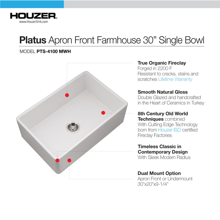 Houzer PTS-4100 MWH Platus 30" Matte White Fireclay Apron Front Farmhouse Single Bowl Kitchen Sink