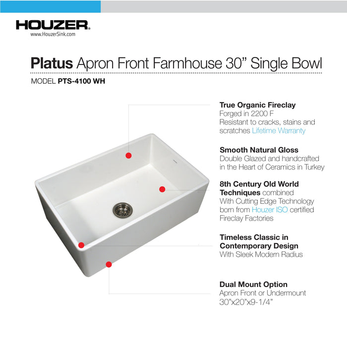 Houzer PTS-4100 WH Platus 30" White Fireclay Apron Front Farmhouse Single Bowl Kitchen Sink