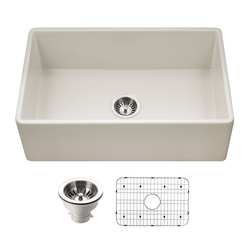Houzer PTS-4118 BQ-C Platus 30" Biscuit Fireclay Apron Front Farmhouse Single Bowl Kitchen Sink