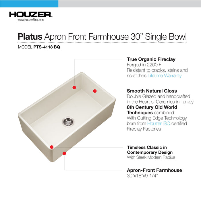 Houzer PTS-4118 BQ Platus 30" Biscuit Fireclay Apron Front Farmhouse Single Bowl Kitchen Sink
