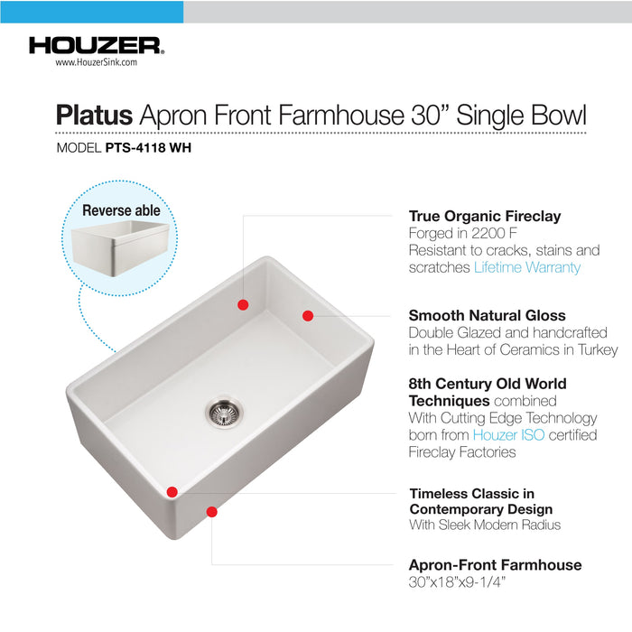 Houzer PTS-4118 WH Platus 30" White Fireclay Apron Front Farmhouse Single Bowl Kitchen Sink