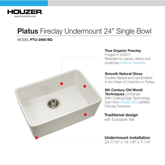 Houzer PTU-2400 BQ Platus 24" Biscuit Fireclay Undermount Single Bowl Kitchen Sink