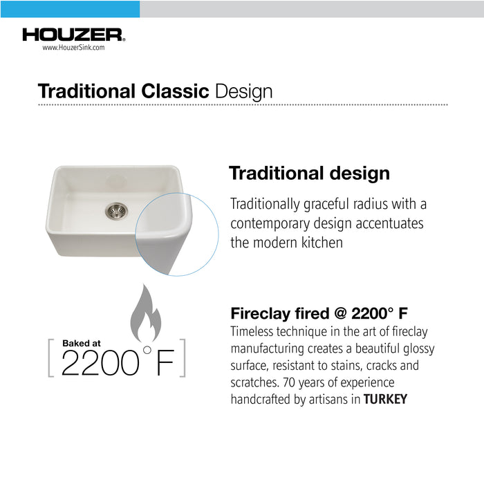 Houzer PTU-2400 BQ Platus 24" Biscuit Fireclay Undermount Single Bowl Kitchen Sink