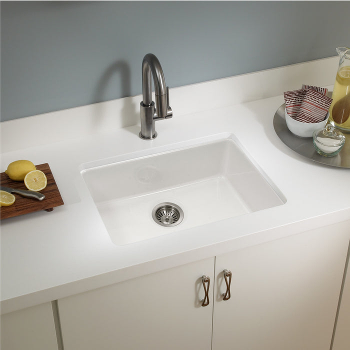 Houzer PTU-2400 WH-C Platus 24" White Fireclay Undermount Single Bowl Kitchen Sink with Strainer & Grid