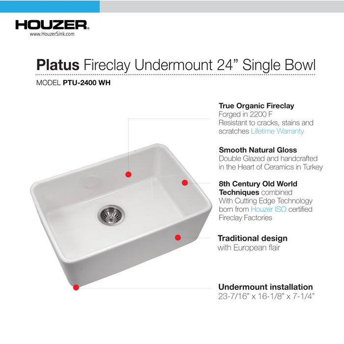 Houzer PTU-2400 WH-C Platus 24" White Fireclay Undermount Single Bowl Kitchen Sink with Strainer & Grid