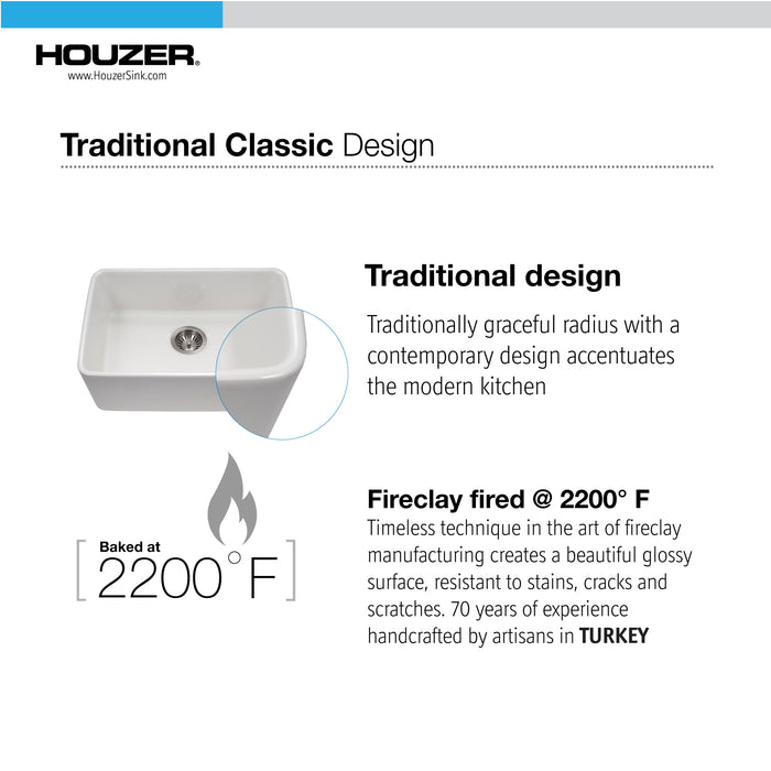 Houzer PTU-2400 WH Platus 24" White Fireclay Undermount Single Bowl Kitchen Sink