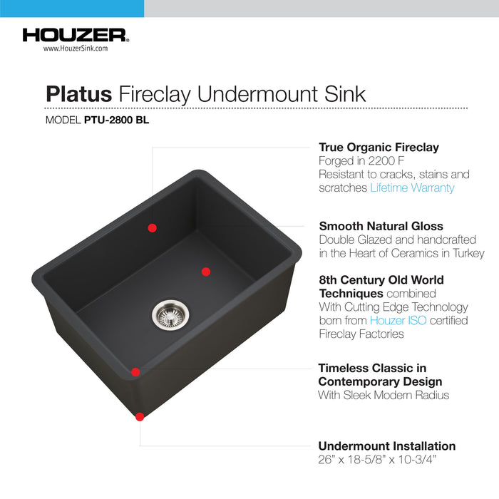 Houzer PTU-2800 BL Platus 26" Black Fireclay Undermount Single Bowl Kitchen Sink