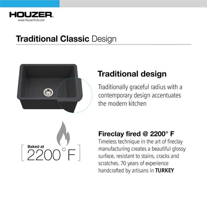 Houzer PTU-2800 BL Platus 26" Black Fireclay Undermount Single Bowl Kitchen Sink