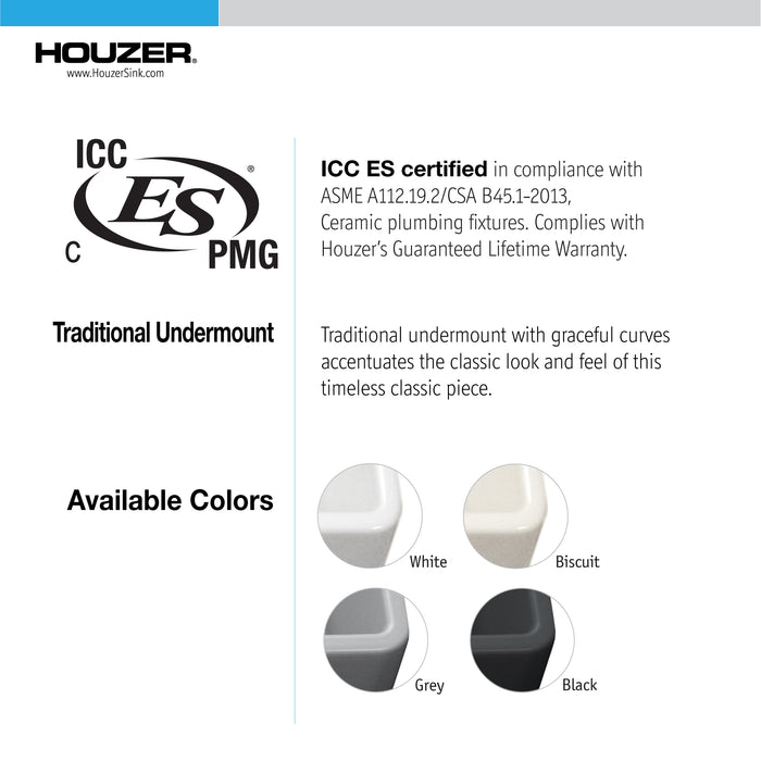 Houzer PTU-2800 BL Platus 26" Black Fireclay Undermount Single Bowl Kitchen Sink