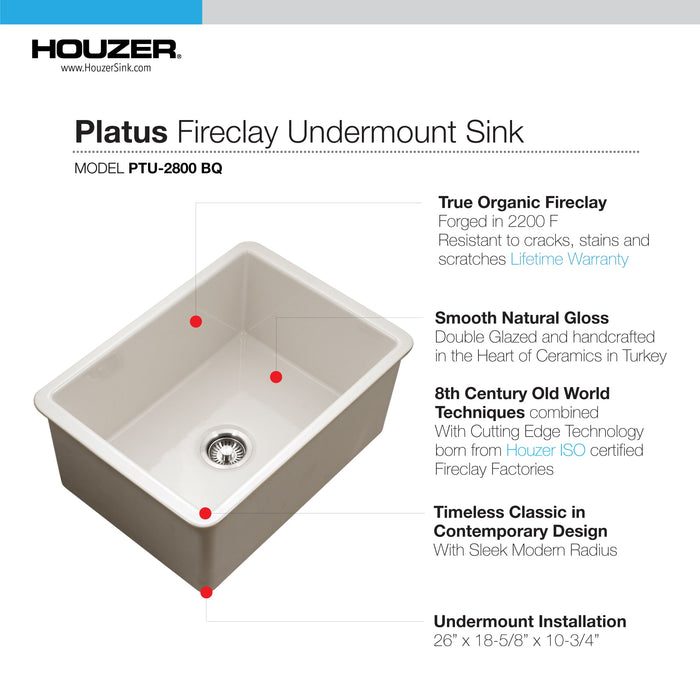 Houzer PTU-2800 BQ Platus 26" Biscuit Fireclay Undermount Single Bowl Kitchen Sink