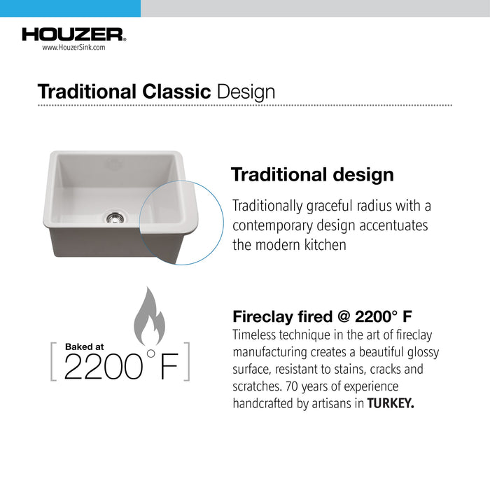 Houzer PTU-2800 BQ Platus 26" Biscuit Fireclay Undermount Single Bowl Kitchen Sink