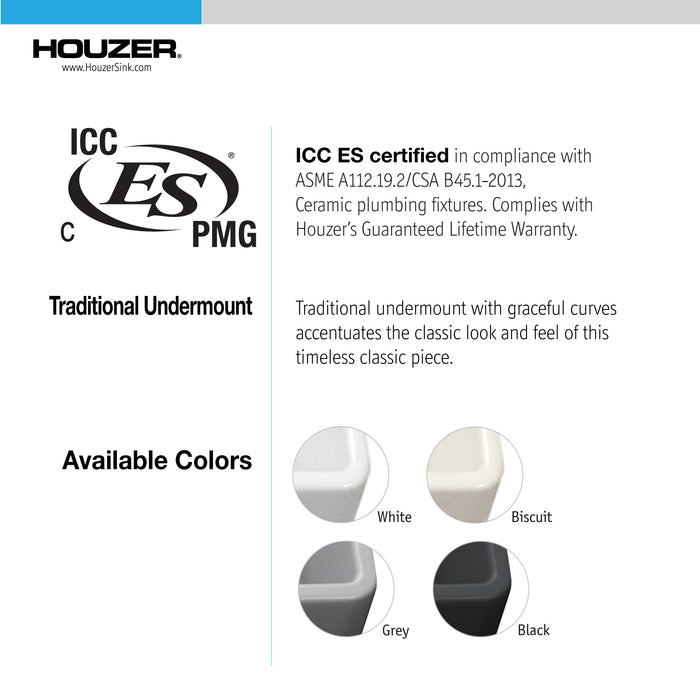 Houzer PTU-2800 BQ Platus 26" Biscuit Fireclay Undermount Single Bowl Kitchen Sink