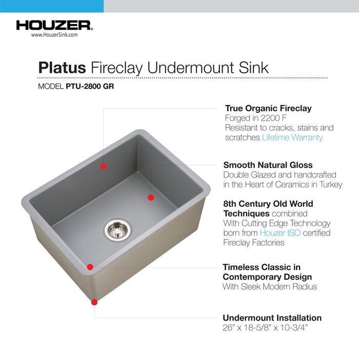 Houzer PTU-2800 GR Platus 26" Gray Fireclay Undermount Single Bowl Kitchen Sink