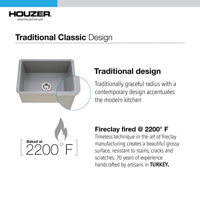 Houzer PTU-2800 GR Platus 26" Gray Fireclay Undermount Single Bowl Kitchen Sink