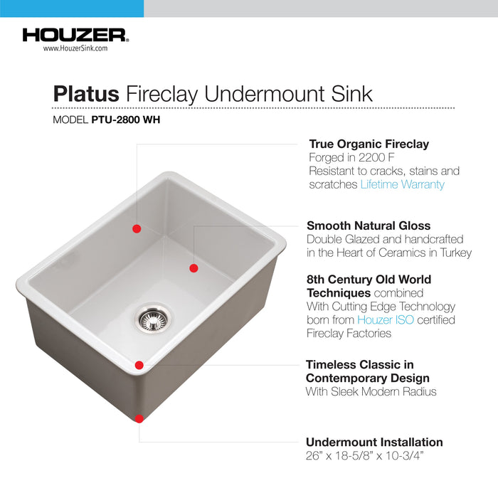 Houzer PTU-2800 WH Platus 26" White Fireclay Undermount Single Bowl Kitchen Sink