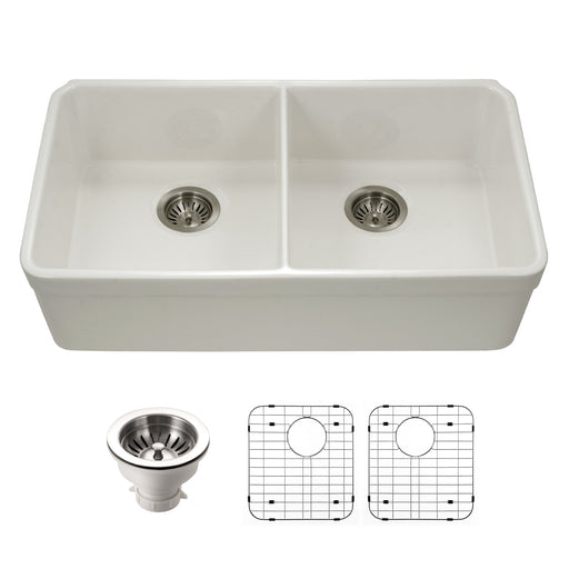 Houzer PTU-3200 BQ-C Platus 32" Biscuit Fireclay Undermount 50/50 Double Bowl Kitchen Sink