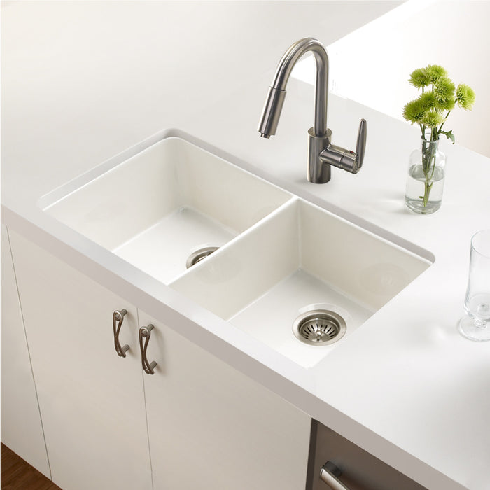 Houzer PTU-3200 BQ Platus 32" Biscuit Fireclay Undermount 50/50 Double Bowl Kitchen Sink