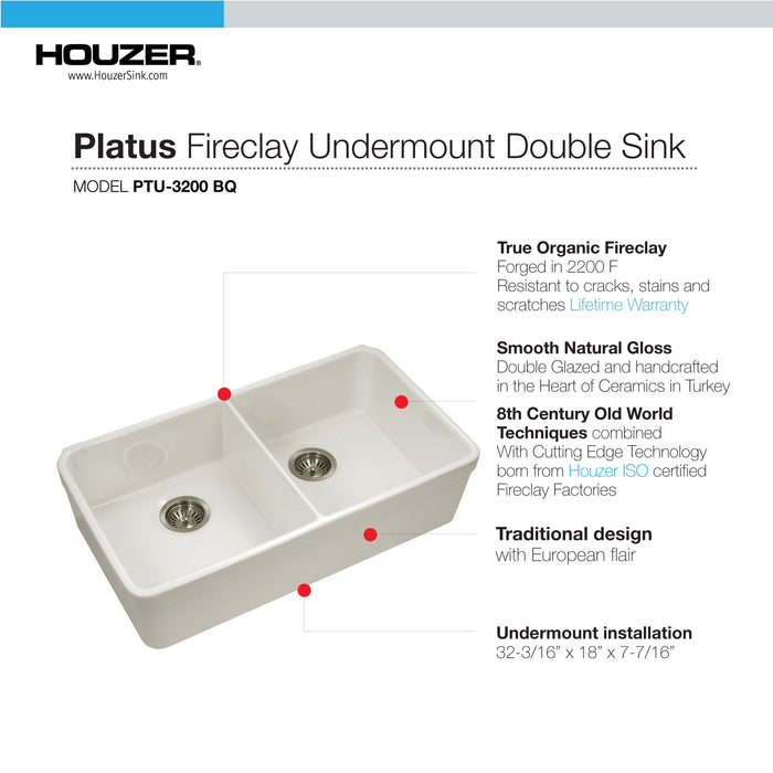 Houzer PTU-3200 BQ Platus 32" Biscuit Fireclay Undermount 50/50 Double Bowl Kitchen Sink